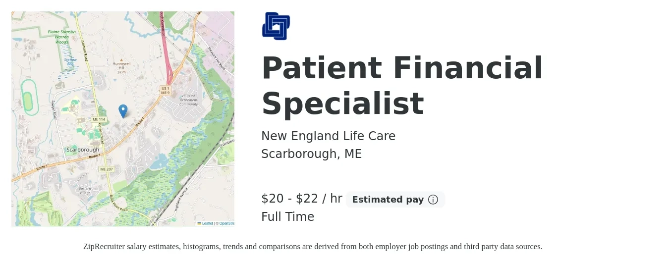 New England Life Care job posting for a Patient Financial Specialist in Scarborough, ME with a salary of $21 to $23 Hourly with a map of Scarborough location.