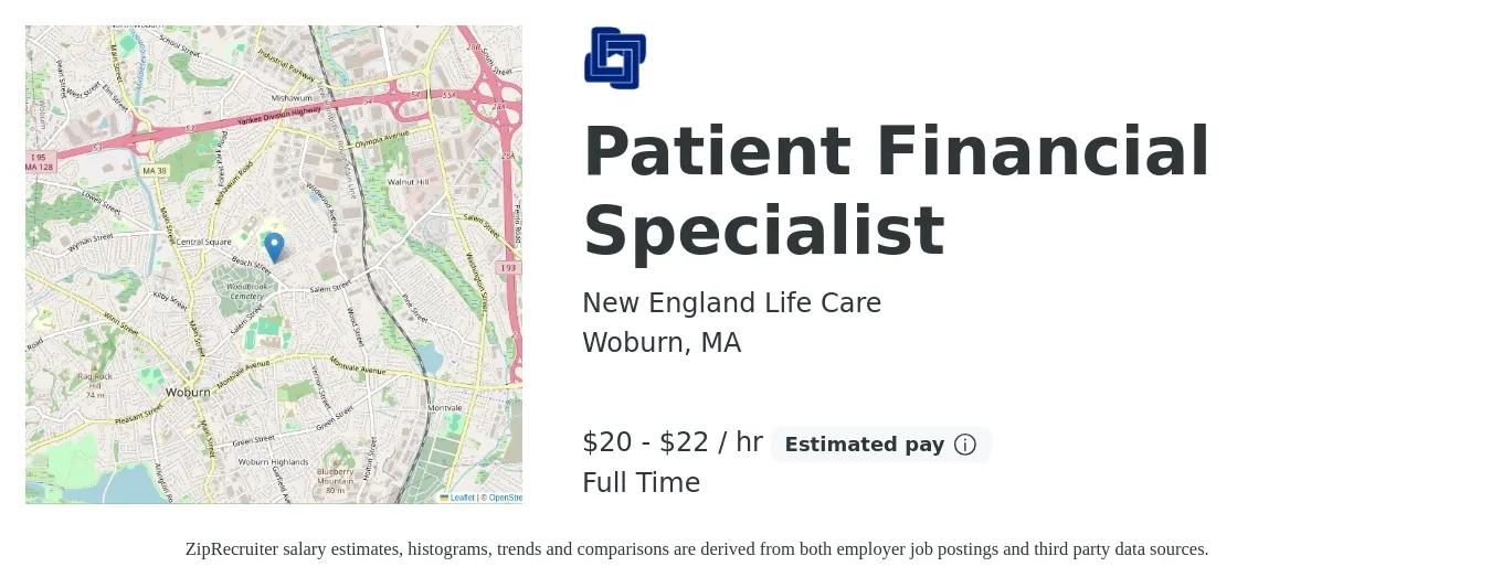 New England Life Care job posting for a Patient Financial Specialist in Woburn, MA with a salary of $21 to $23 Hourly with a map of Woburn location.