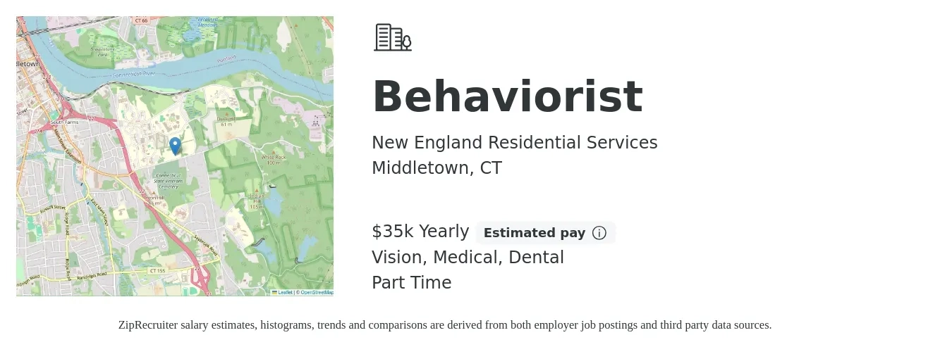 New England Residential Services job posting for a Behaviorist in Middletown, CT with a salary of $35,000 Yearly and benefits including vision, dental, and medical with a map of Middletown location.