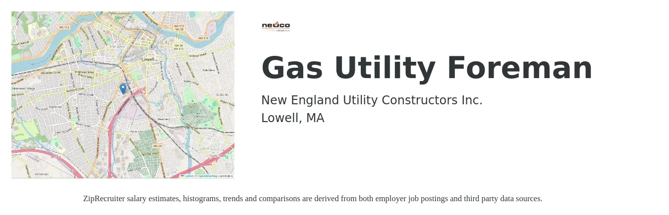 New England Utility Constructors Inc. job posting for a Gas Utility Foreman in Lowell, MA with a salary of $16 to $20 Hourly with a map of Lowell location.