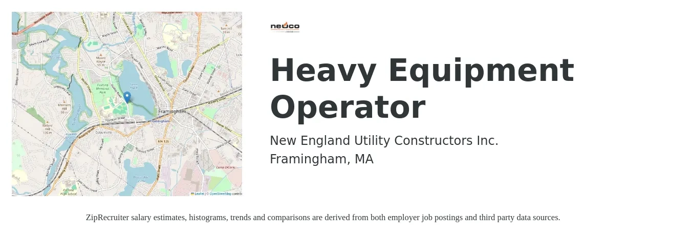New England Utility Constructors Inc. job posting for a Heavy Equipment Operator in Framingham, MA with a salary of $22 to $30 Hourly with a map of Framingham location.