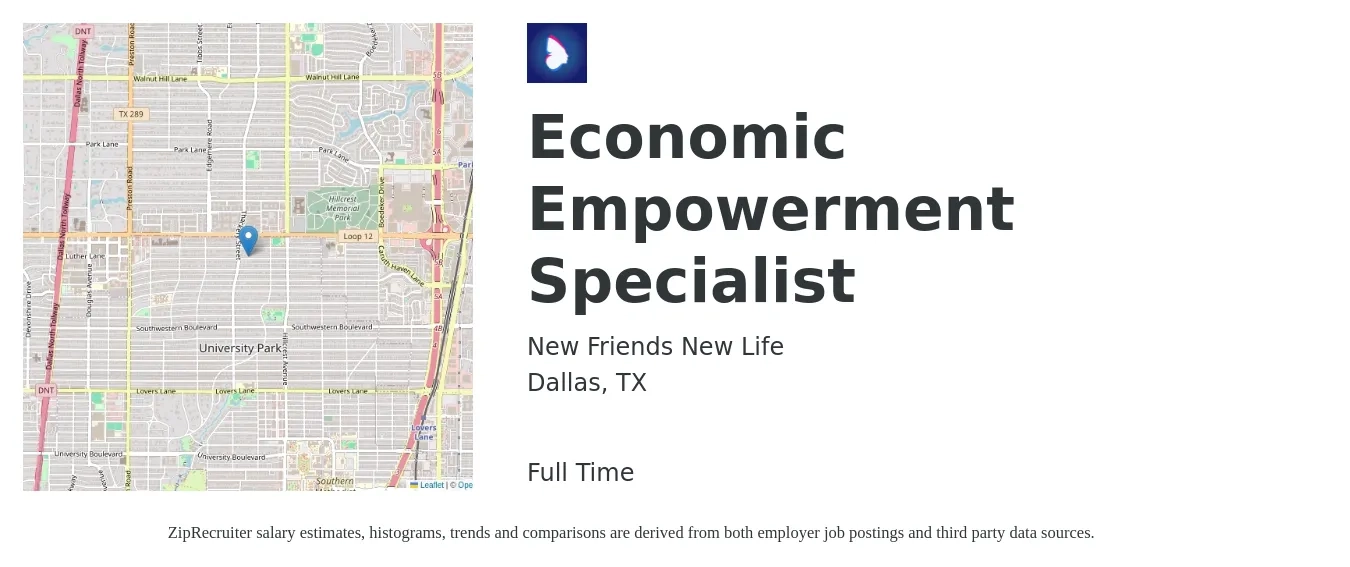 New Friends New Life job posting for a Economic Empowerment Specialist in Dallas, TX with a salary of $38,600 to $59,900 Yearly with a map of Dallas location.