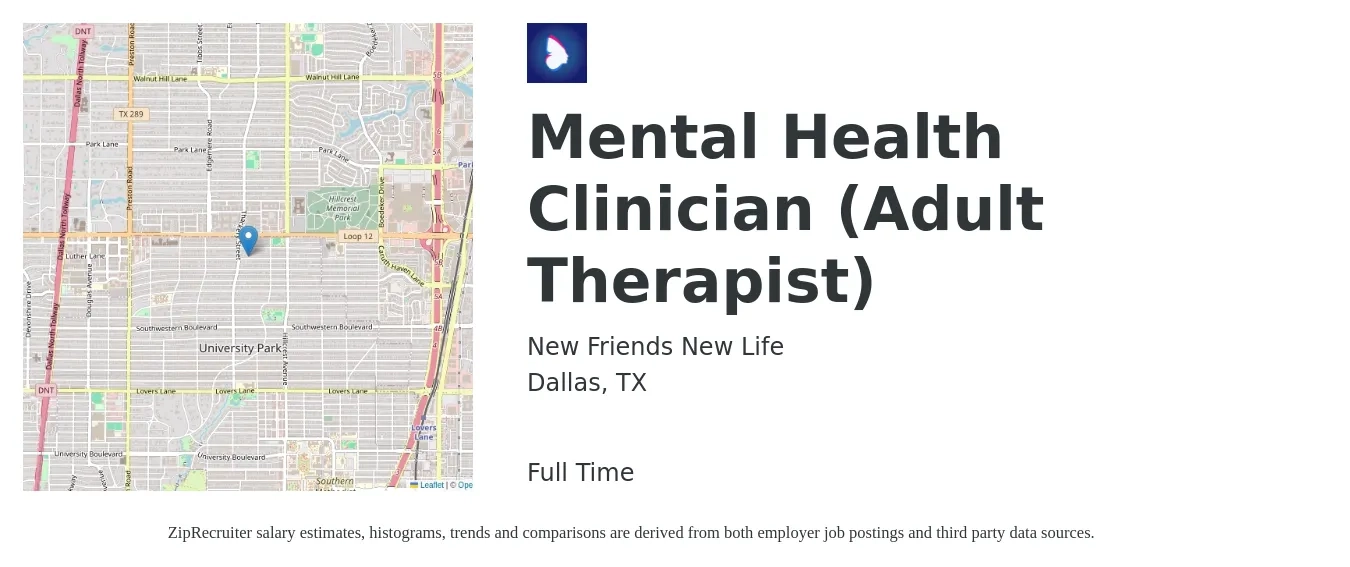 New Friends New Life job posting for a Mental Health Clinician (Adult Therapist) in Dallas, TX with a salary of $59,400 to $82,600 Yearly with a map of Dallas location.