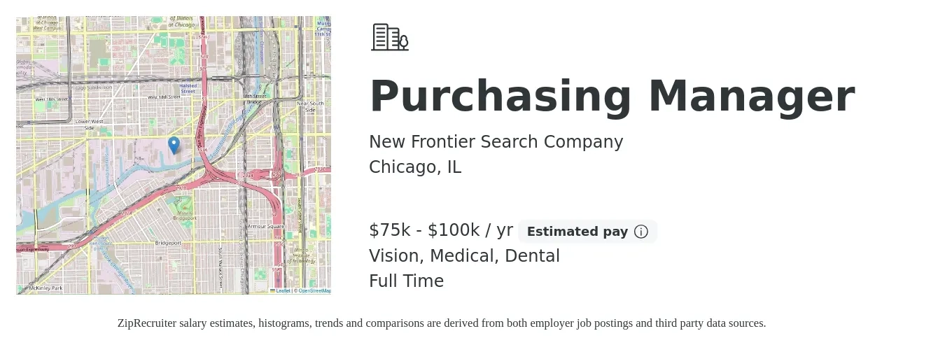 New Frontier Search Company job posting for a Purchasing Manager in Chicago, IL with a salary of $75,000 to $100,000 Yearly and benefits including dental, life_insurance, medical, retirement, and vision with a map of Chicago location.