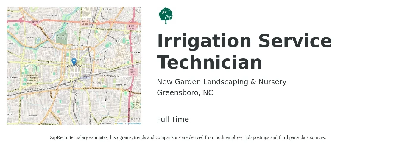 New Garden Landscaping & Nursery job posting for a Irrigation Service Technician in Greensboro, NC with a salary of $20 to $25 Hourly with a map of Greensboro location.