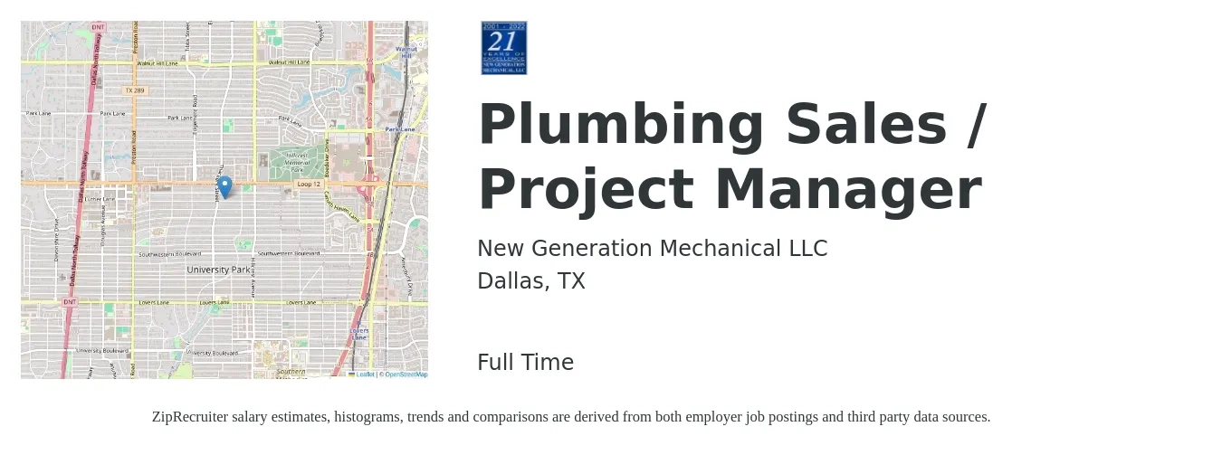 New Generation Mechanical LLC job posting for a Plumbing Sales / Project Manager in Dallas, TX with a salary of $52,100 to $79,100 Yearly with a map of Dallas location.