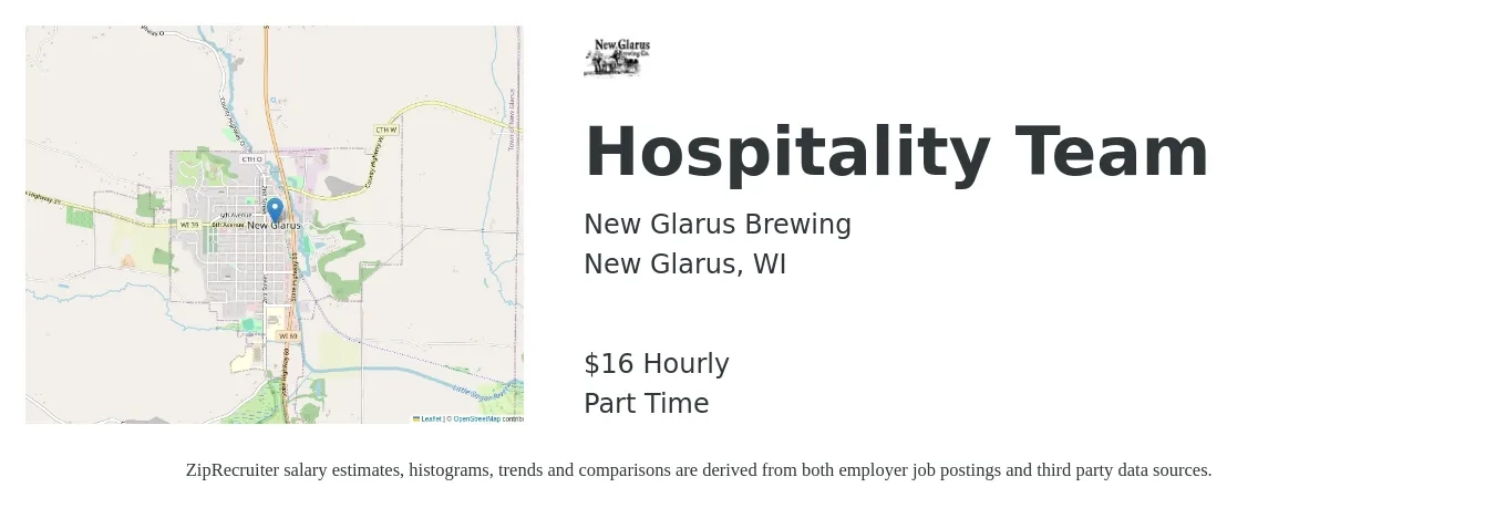 New Glarus Brewing job posting for a Hospitality Team in New Glarus, WI with a salary of $17 Hourly with a map of New Glarus location.