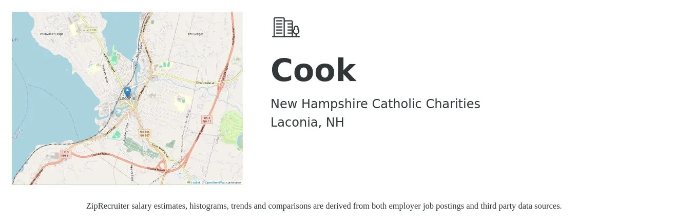 New Hampshire Catholic Charities job posting for a Cook in Laconia, NH with a salary of $14 to $19 Hourly with a map of Laconia location.