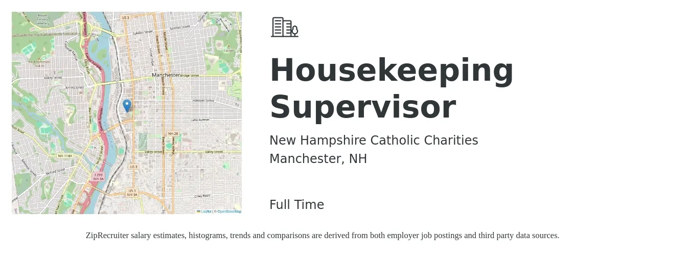 New Hampshire Catholic Charities job posting for a Housekeeping Supervisor in Manchester, NH with a salary of $16 to $24 Hourly with a map of Manchester location.