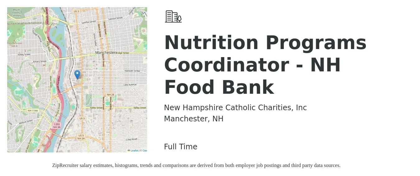 New Hampshire Catholic Charities, Inc job posting for a Nutrition Programs Coordinator - NH Food Bank in Manchester, NH with a salary of $19 to $29 Hourly with a map of Manchester location.