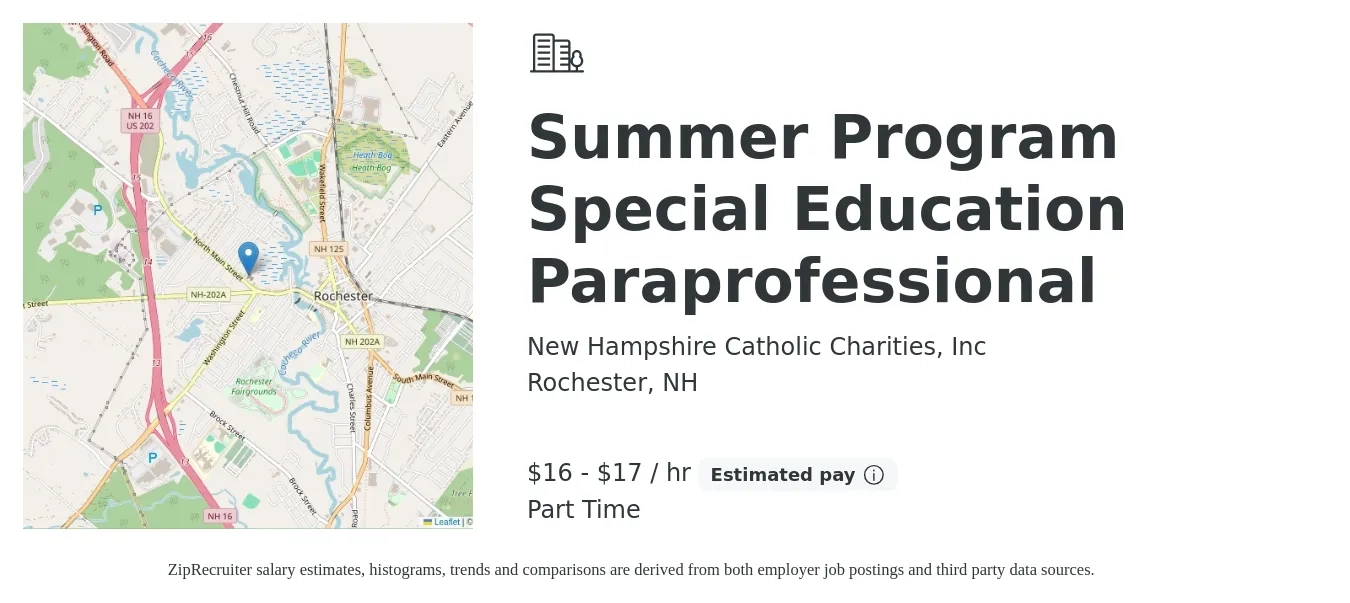 New Hampshire Catholic Charities, Inc job posting for a Summer Program Special Education Paraprofessional in Rochester, NH with a salary of $17 to $18 Hourly with a map of Rochester location.