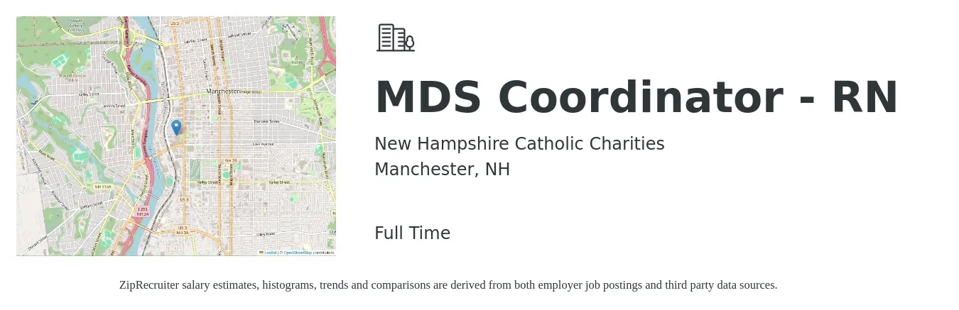 New Hampshire Catholic Charities job posting for a MDS Coordinator - RN in Manchester, NH with a salary of $37 to $45 Hourly with a map of Manchester location.