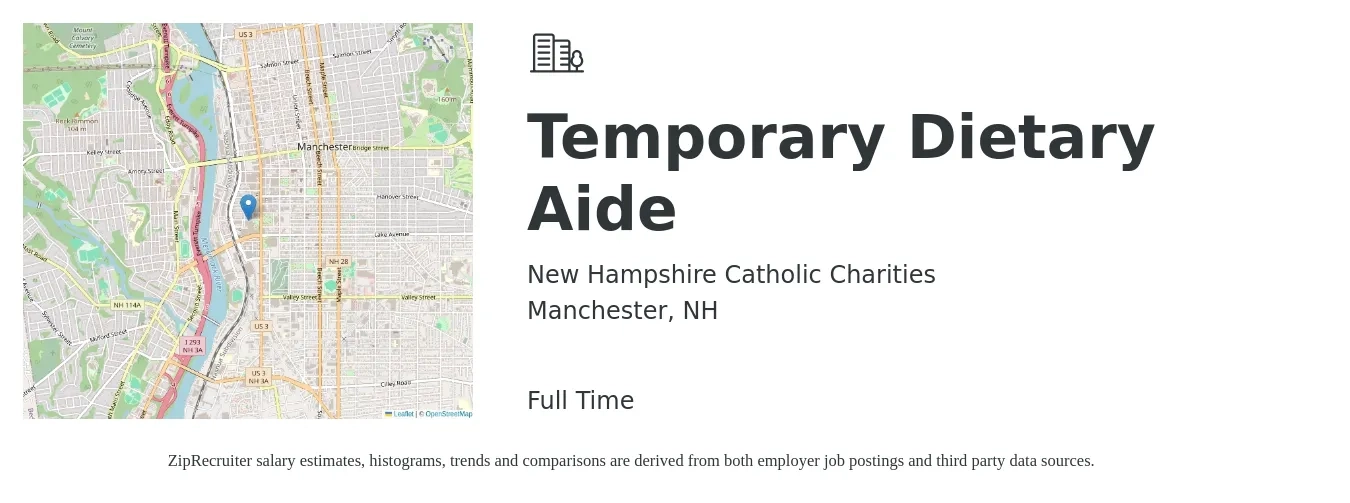 New Hampshire Catholic Charities job posting for a Temporary Dietary Aide in Manchester, NH with a salary of $14 to $17 Hourly with a map of Manchester location.