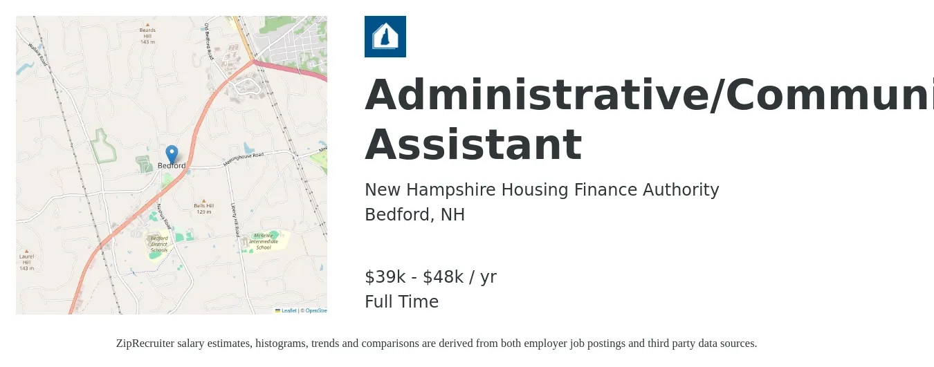 New Hampshire Housing Finance Authority job posting for a Administrative/Communications Assistant in Bedford, NH with a salary of $39,200 to $48,000 Yearly with a map of Bedford location.
