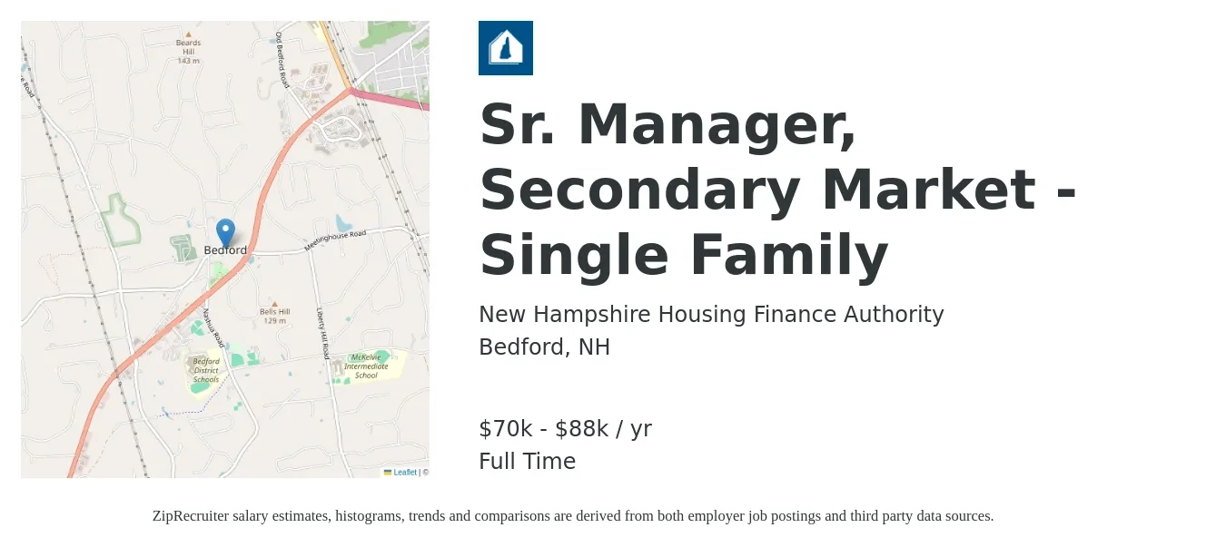 New Hampshire Housing Finance Authority job posting for a Sr. Manager, Secondary Market - Single Family in Bedford, NH with a salary of $70,800 to $88,500 Yearly with a map of Bedford location.