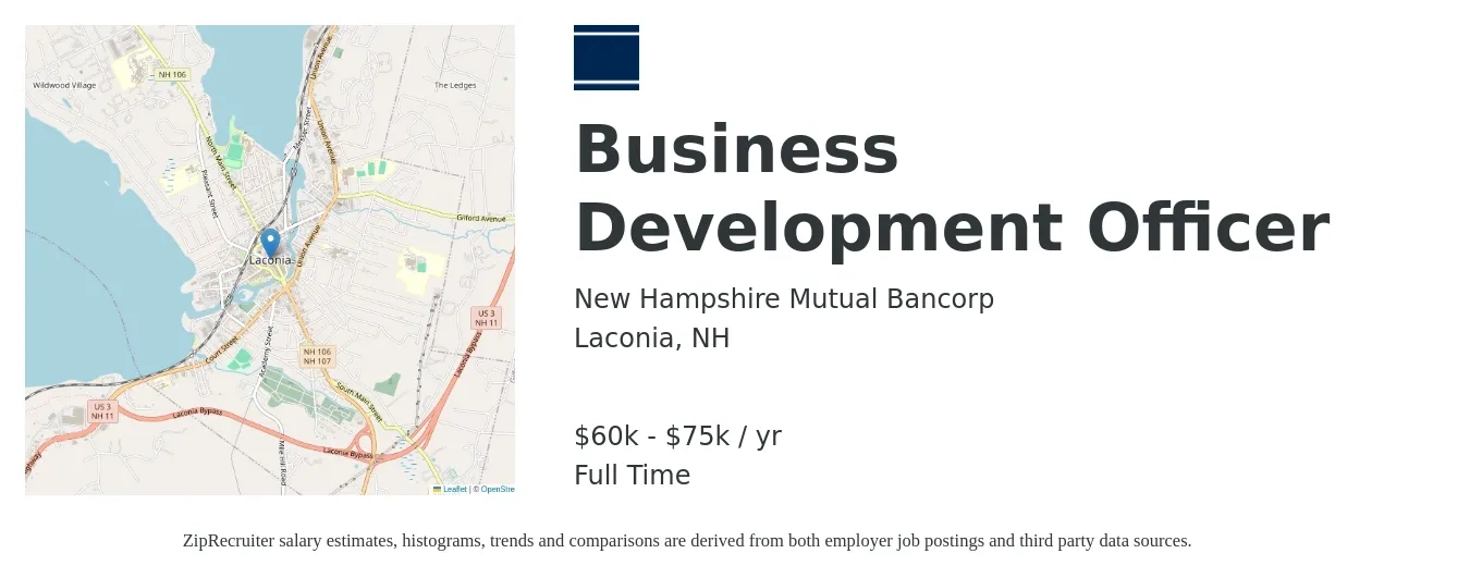 New Hampshire Mutual Bancorp job posting for a Business Development Officer in Laconia, NH with a salary of $60,000 to $75,000 Yearly with a map of Laconia location.