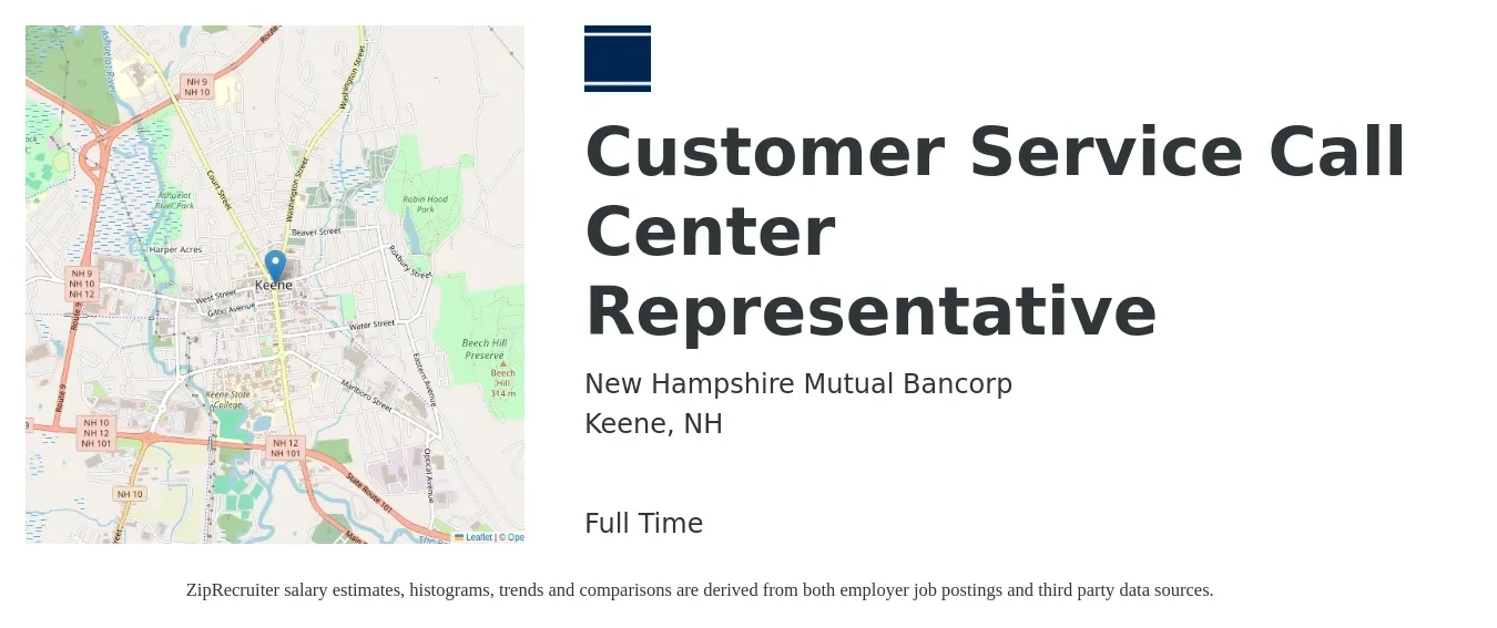 New Hampshire Mutual Bancorp job posting for a Customer Service Call Center Representative in Keene, NH with a salary of $15 to $20 Hourly with a map of Keene location.