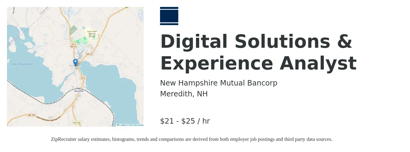 New Hampshire Mutual Bancorp job posting for a Digital Solutions & Experience Analyst in Meredith, NH with a salary of $22 to $27 Hourly with a map of Meredith location.