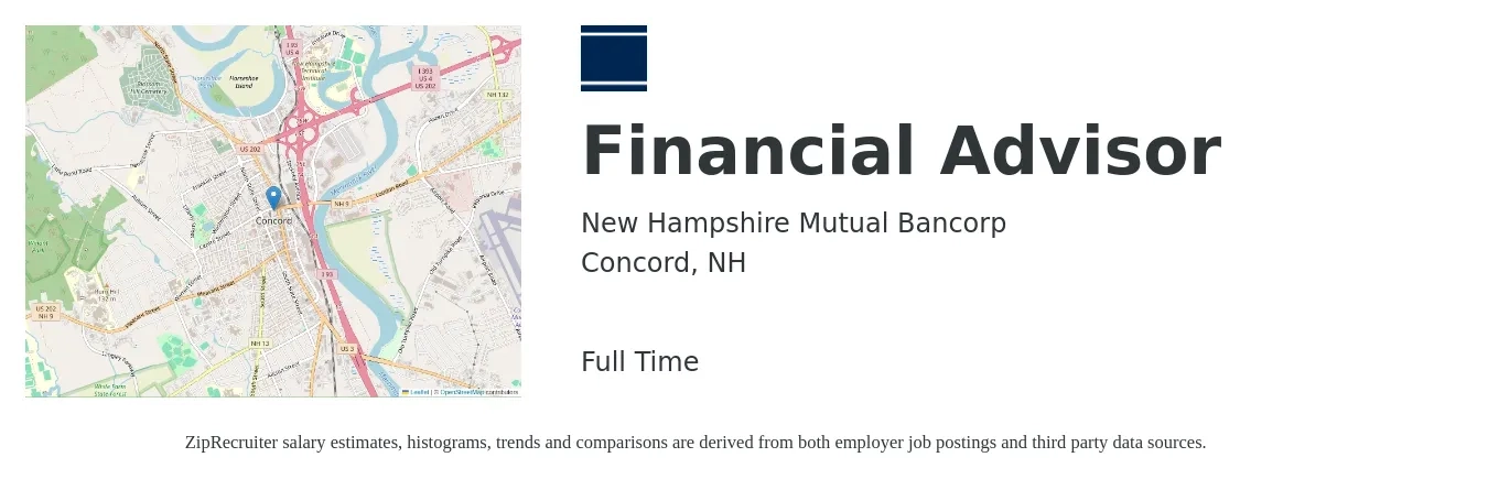 New Hampshire Mutual Bancorp job posting for a Financial Advisor in Concord, NH with a salary of $75,500 to $131,900 Yearly with a map of Concord location.