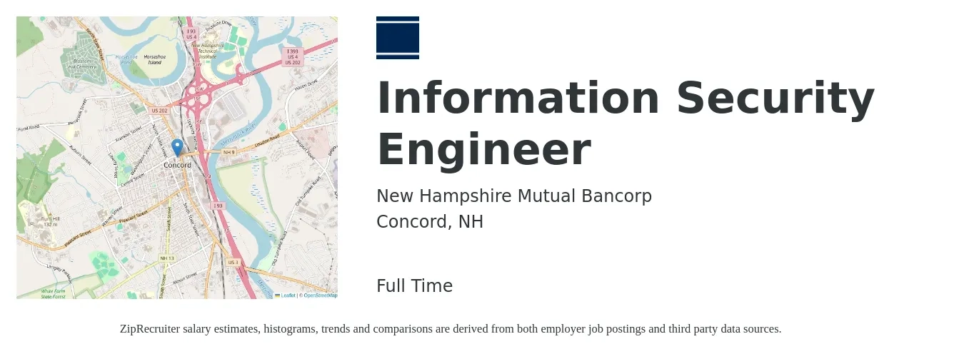 New Hampshire Mutual Bancorp job posting for a Information Security Engineer in Concord, NH with a salary of $105,700 to $146,000 Yearly with a map of Concord location.
