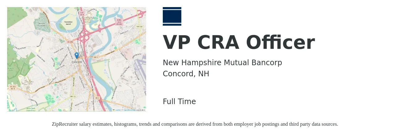 New Hampshire Mutual Bancorp job posting for a VP CRA Officer in Concord, NH with a salary of $115,800 to $191,200 Yearly with a map of Concord location.