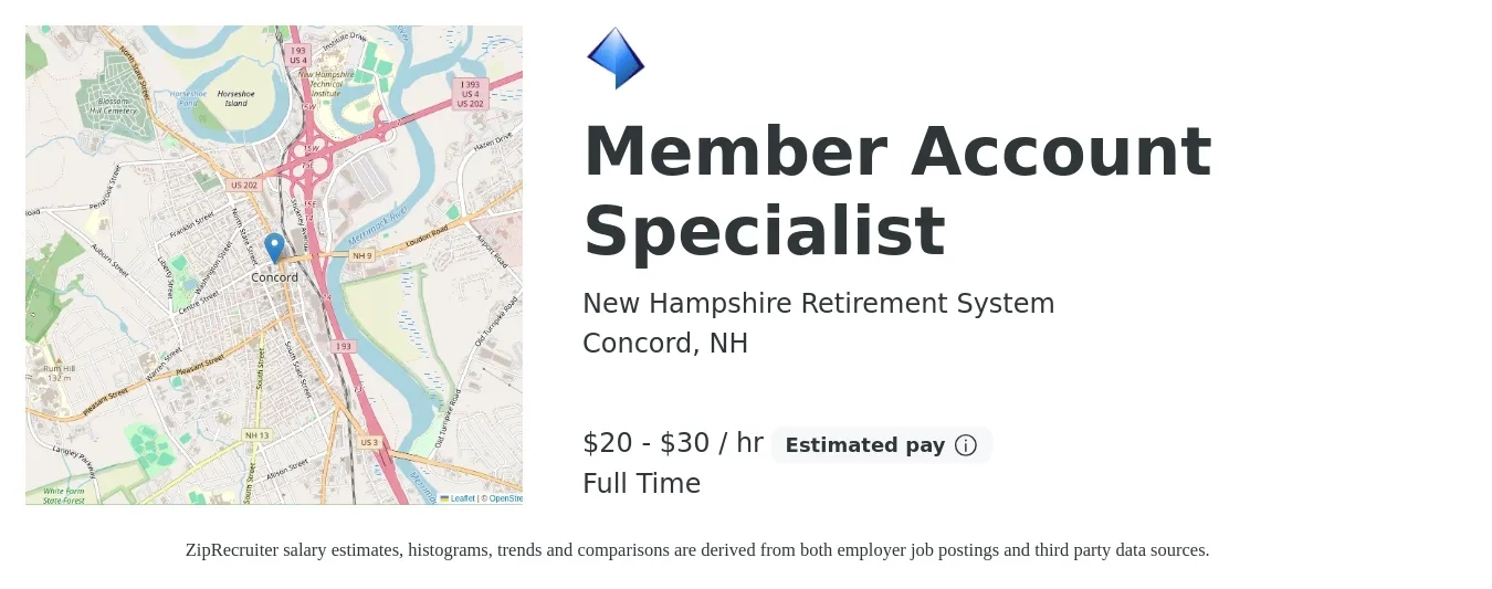 New Hampshire Retirement System job posting for a Member Account Specialist in Concord, NH with a salary of $21 to $31 Hourly with a map of Concord location.