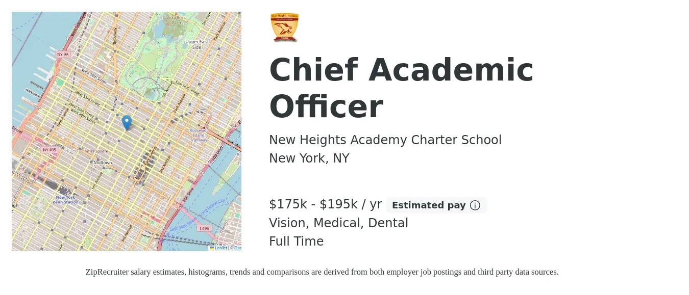 New Heights Academy Charter School job posting for a Chief Academic Officer in New York, NY with a salary of $175,000 to $195,000 Yearly and benefits including medical, retirement, vision, dental, and life_insurance with a map of New York location.