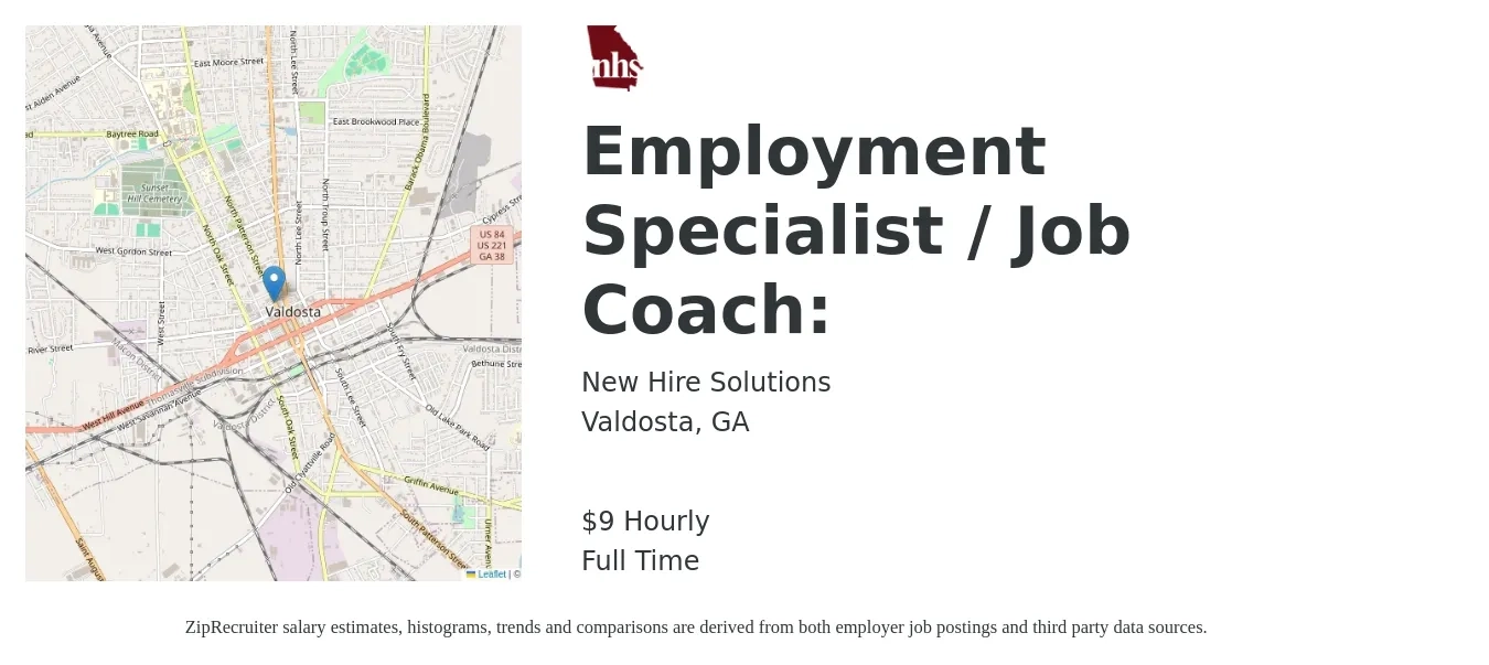 New Hire Solutions job posting for a Employment Specialist / Job Coach: in Valdosta, GA with a salary of $10 Hourly with a map of Valdosta location.