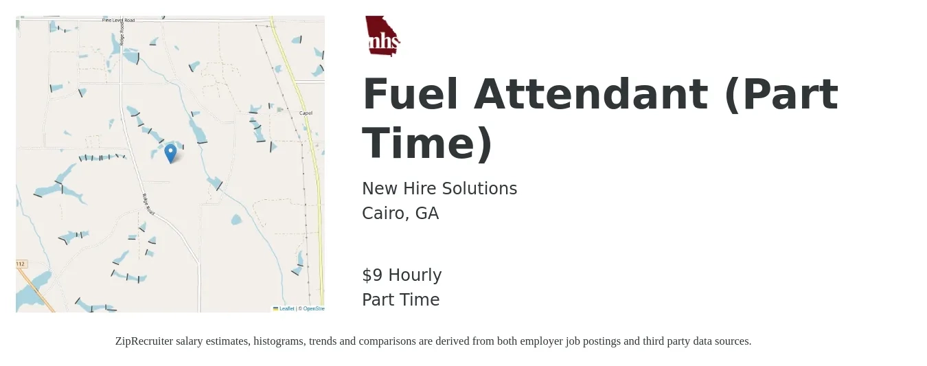 New Hire Solutions job posting for a Fuel Attendant (Part Time) in Cairo, GA with a salary of $10 Hourly with a map of Cairo location.