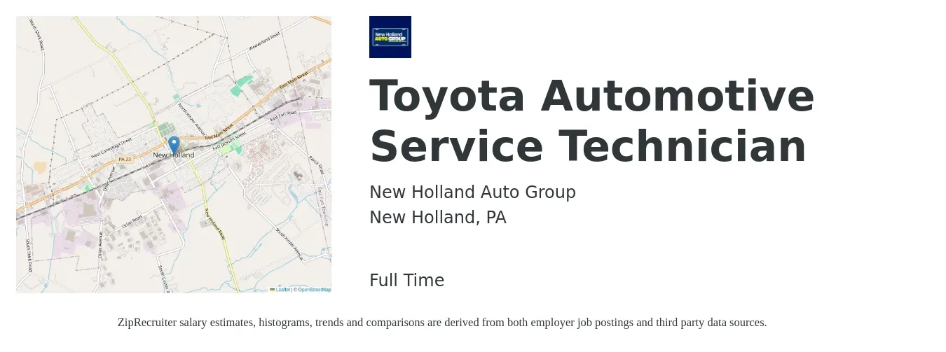 New Holland Auto Group job posting for a Toyota Automotive Service Technician in New Holland, PA with a salary of $18 to $29 Hourly with a map of New Holland location.