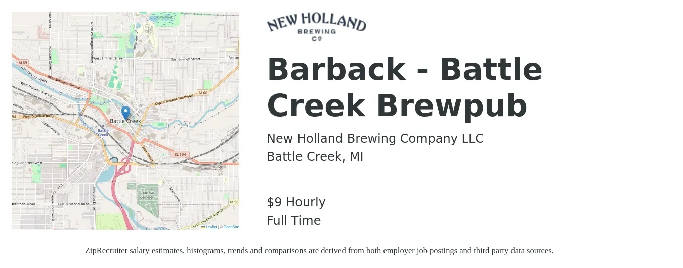 New Holland Brewing Company LLC job posting for a Barback - Battle Creek Brewpub in Battle Creek, MI with a salary of $10 Hourly with a map of Battle Creek location.
