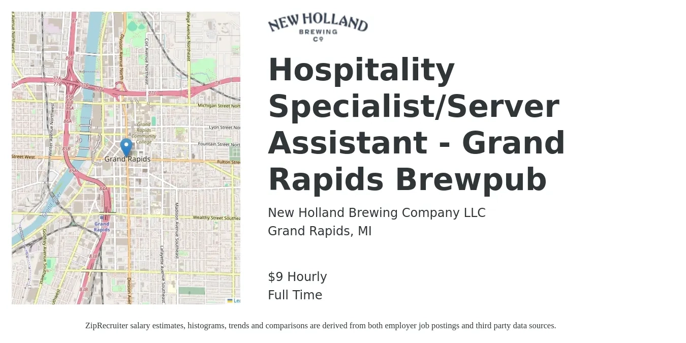 New Holland Brewing Company LLC job posting for a Hospitality Specialist/Server Assistant - Grand Rapids Brewpub in Grand Rapids, MI with a salary of $10 Hourly with a map of Grand Rapids location.