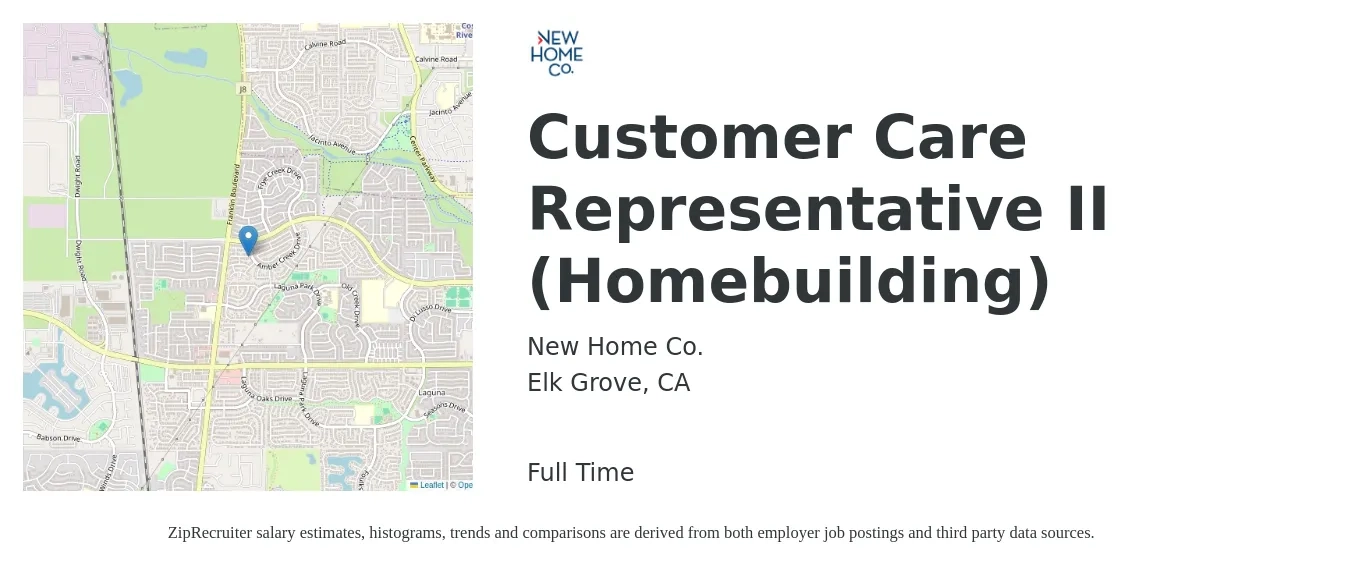 New Home Co Inc. job posting for a Customer Care Representative II (Homebuilding) in Elk Grove, CA with a salary of $17 to $23 Hourly with a map of Elk Grove location.