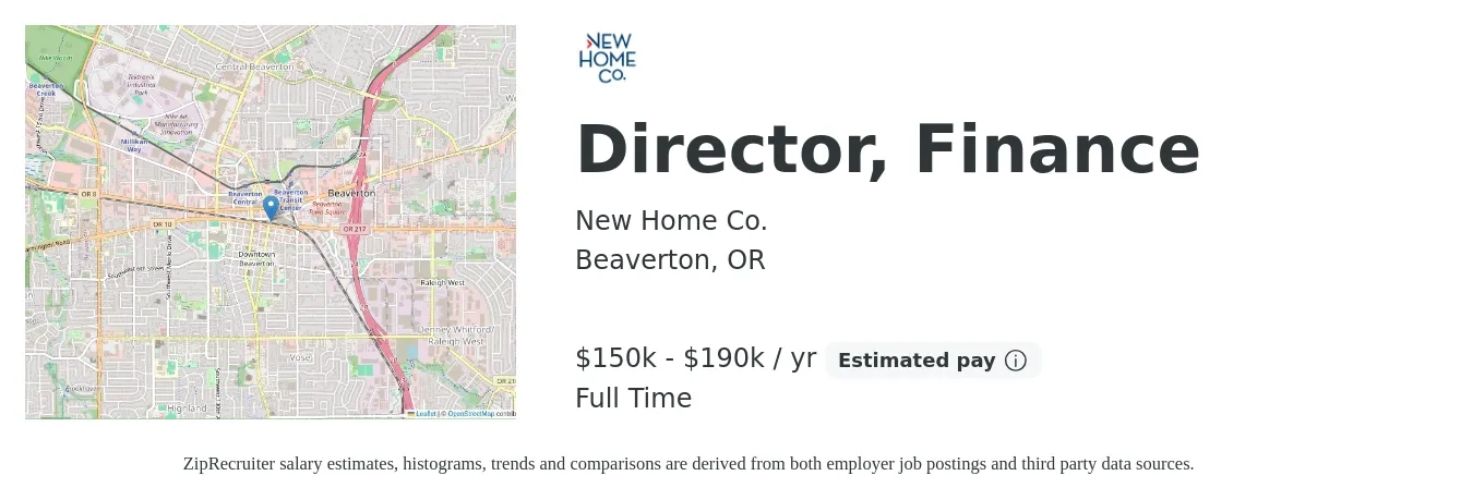 New Home Co. job posting for a Director, Finance in Beaverton, OR with a salary of $150,000 to $190,000 Yearly with a map of Beaverton location.