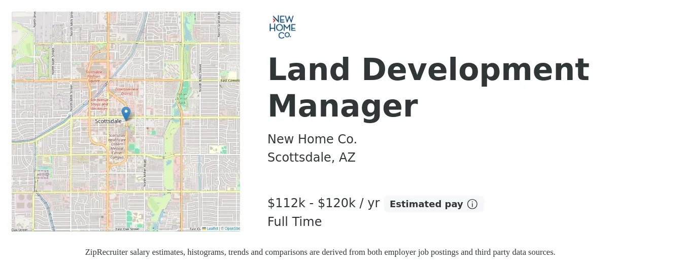 New Home Co. job posting for a Land Development Manager in Scottsdale, AZ with a salary of $112,000 to $120,000 Yearly with a map of Scottsdale location.