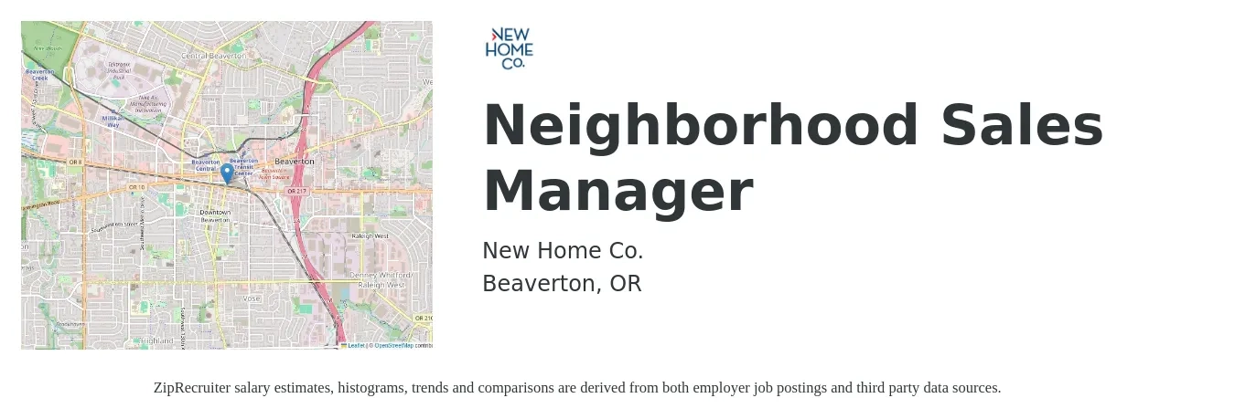 New Home Co. job posting for a Neighborhood Sales Manager in Beaverton, OR with a salary of $50,000 Hourly with a map of Beaverton location.