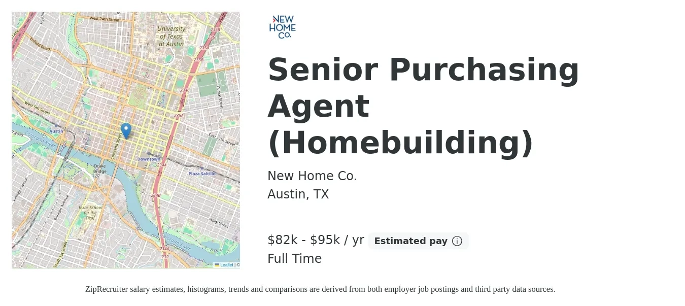 New Home Co. job posting for a Senior Purchasing Agent (Homebuilding) in Austin, TX with a salary of $82,000 to $95,000 Yearly with a map of Austin location.