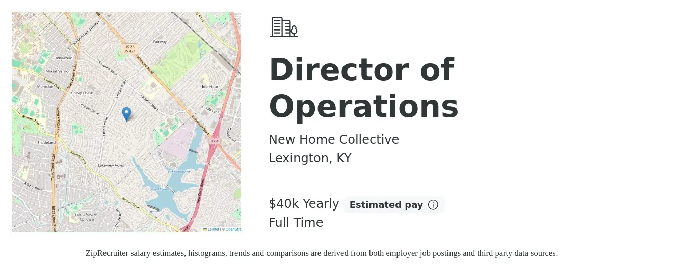 New Home Collective job posting for a Director of Operations in Lexington, KY with a salary of $40,000 Yearly with a map of Lexington location.