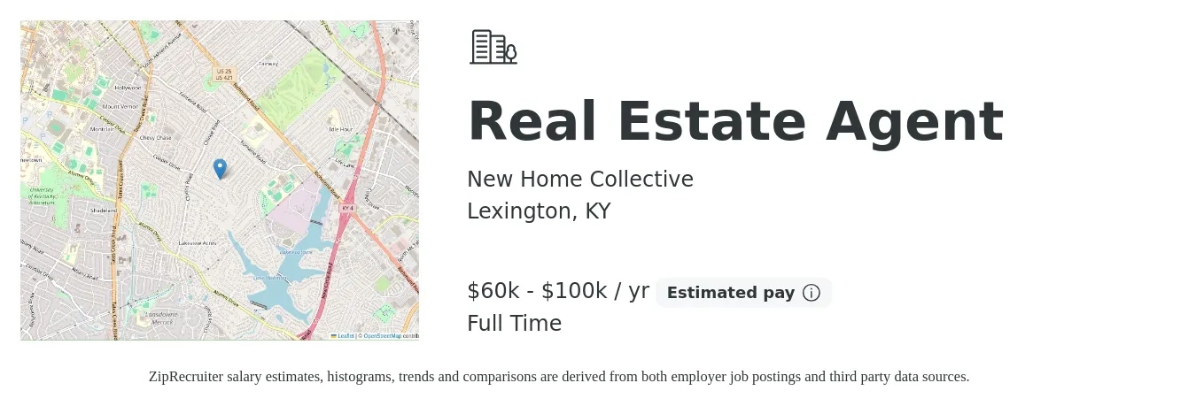 New Home Collective job posting for a Real Estate Agent in Lexington, KY with a salary of $60,000 to $100,000 Yearly with a map of Lexington location.