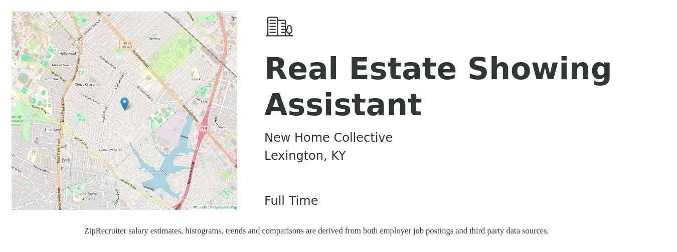 New Home Collective job posting for a Real Estate Showing Assistant in Lexington, KY with a salary of $25,000 to $45,000 Monthly with a map of Lexington location.