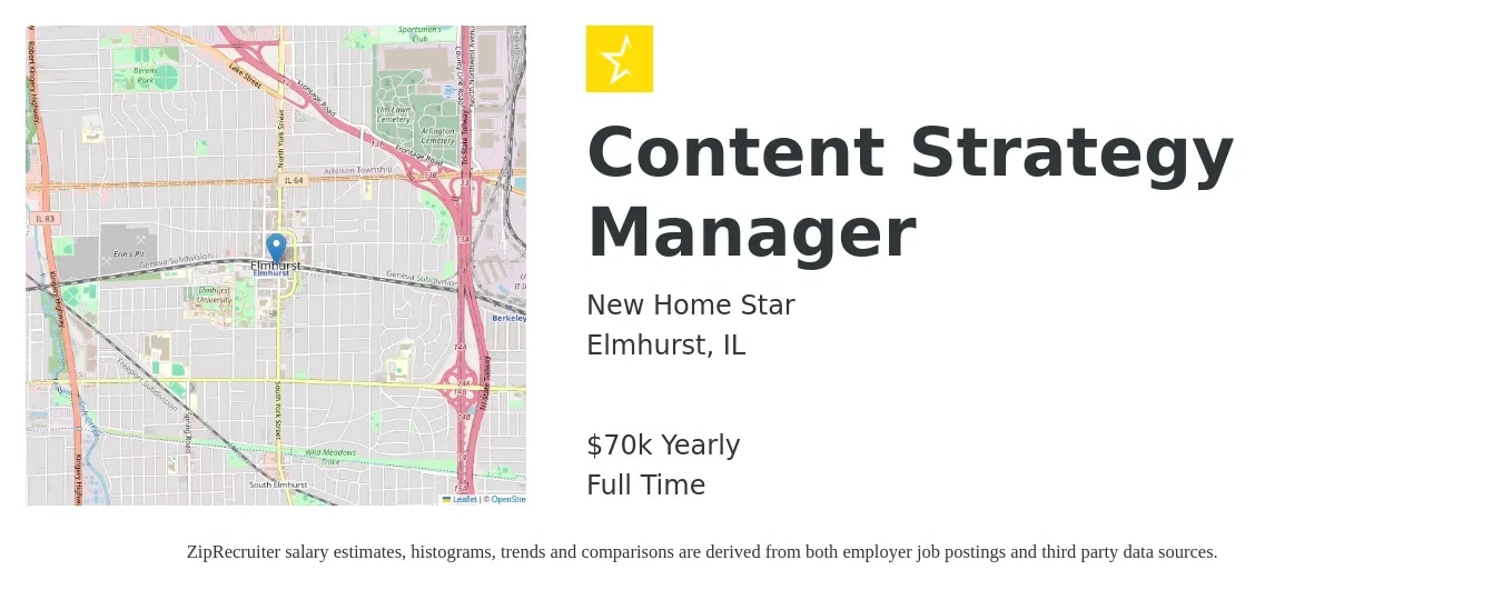 New Home Star job posting for a Content Strategy Manager in Elmhurst, IL with a salary of $70,000 Yearly with a map of Elmhurst location.