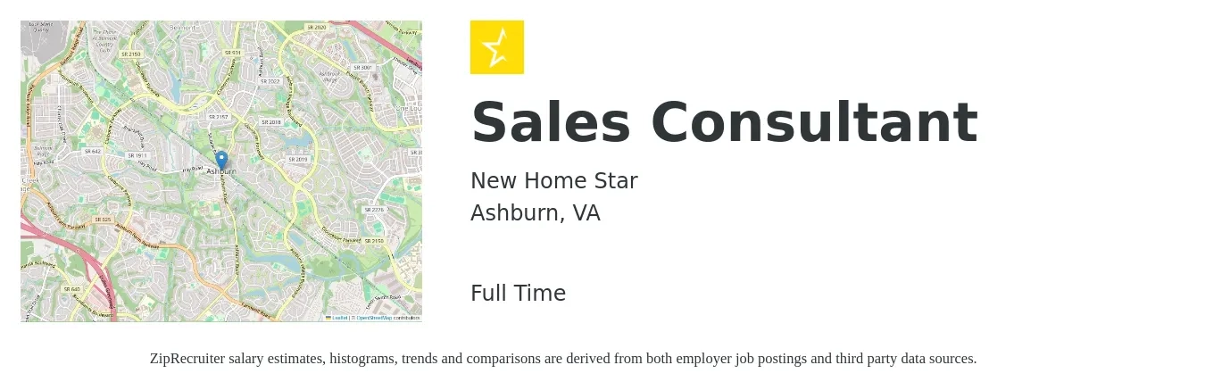 New Home Star job posting for a Sales Consultant in Ashburn, VA with a salary of $40,000 Yearly with a map of Ashburn location.