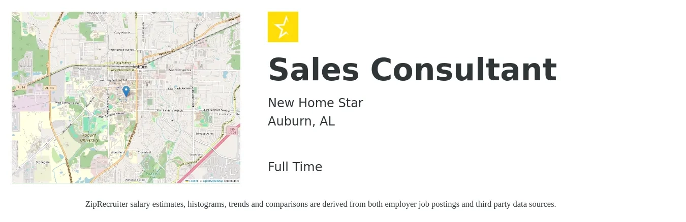 New Home Star job posting for a Sales Consultant in Auburn, AL with a salary of $33,800 to $66,400 Yearly with a map of Auburn location.