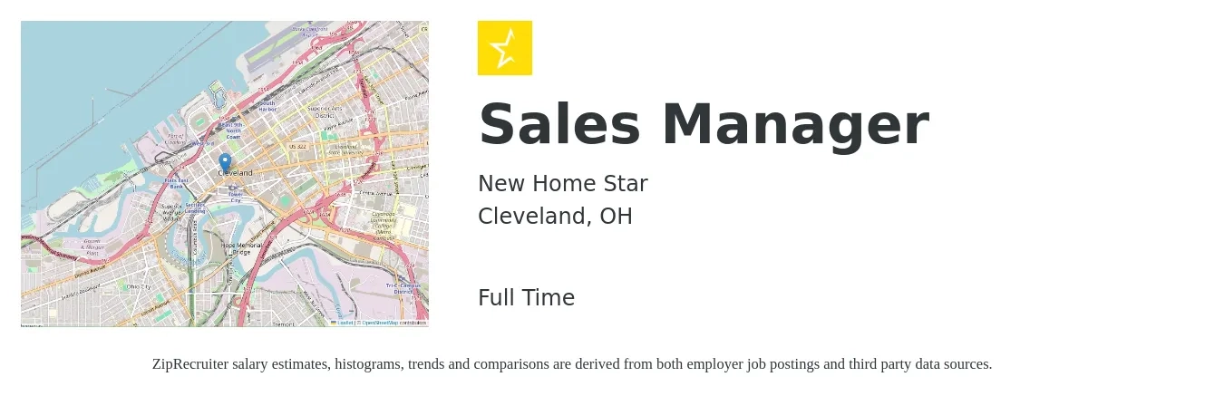 New Home Star job posting for a Sales Manager in Cleveland, OH with a salary of $43,600 to $93,600 Yearly with a map of Cleveland location.
