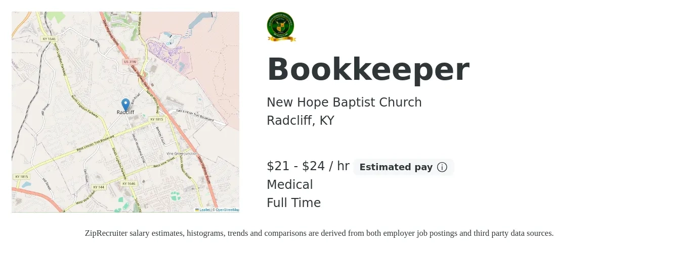 New Hope Baptist Church job posting for a Bookkeeper in Radcliff, KY with a salary of $22 to $25 Hourly and benefits including life_insurance, medical, and pto with a map of Radcliff location.