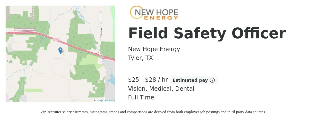 New Hope Energy job posting for a Field Safety Officer in Tyler, TX with a salary of $26 to $30 Hourly and benefits including vision, dental, life_insurance, medical, and pto with a map of Tyler location.
