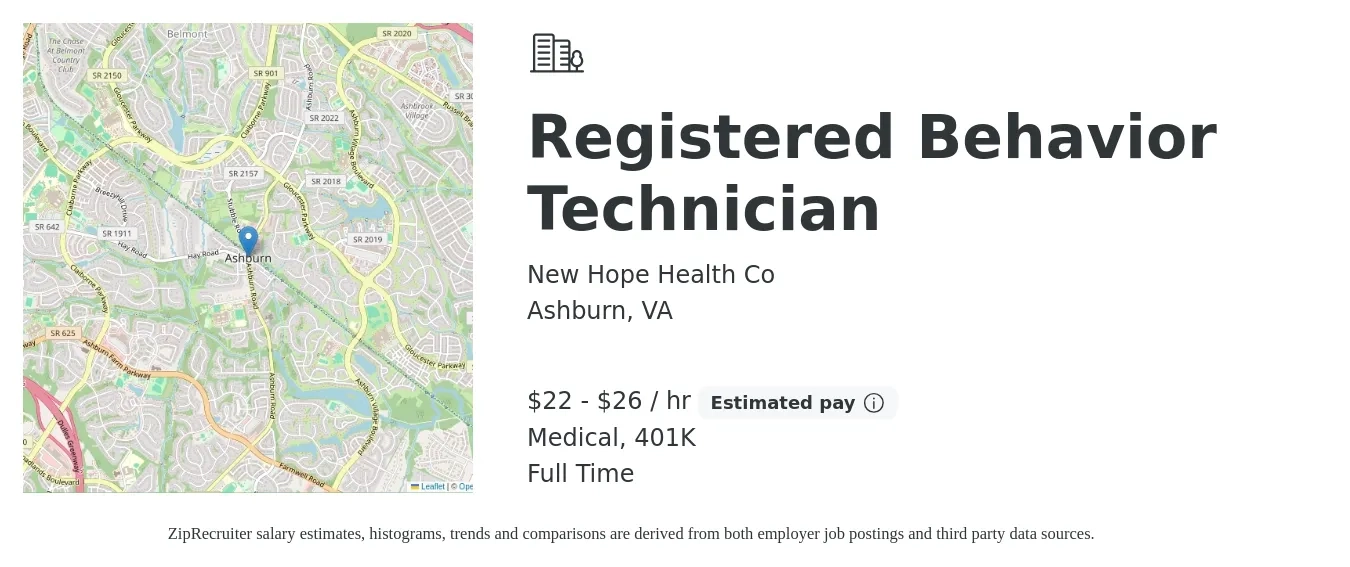 New Hope Health Co job posting for a Registered Behavior Technician in Ashburn, VA with a salary of $23 to $28 Hourly and benefits including 401k, and medical with a map of Ashburn location.