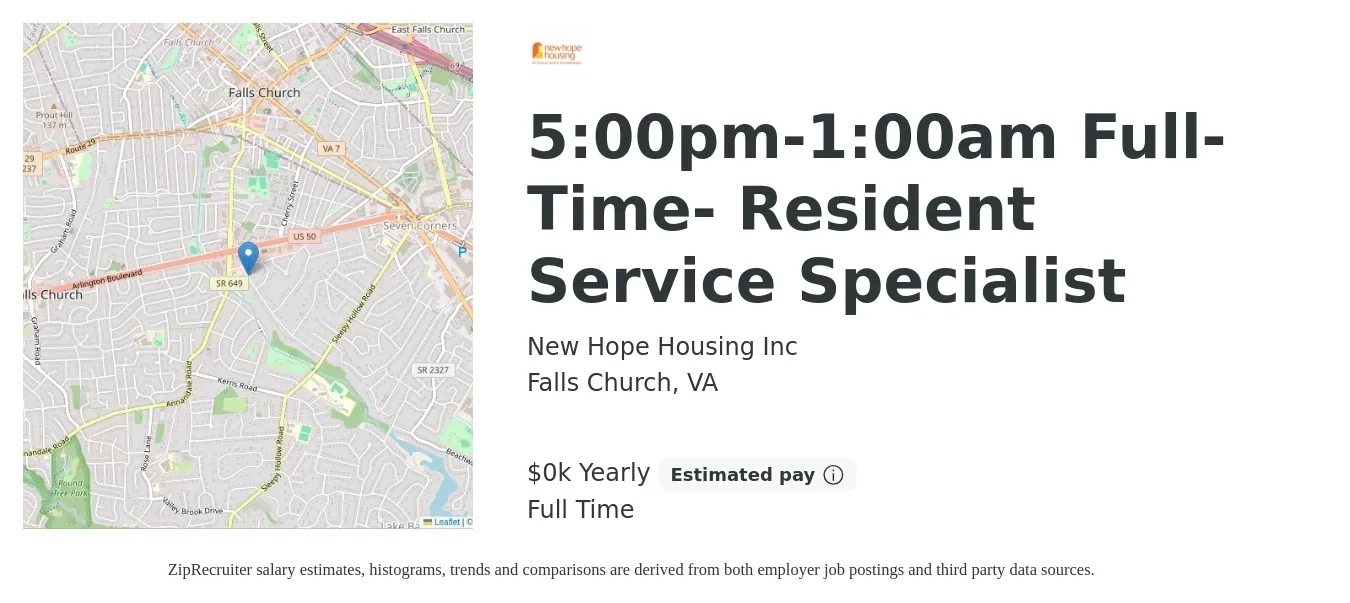New Hope Housing Inc job posting for a 5:00pm-1:00am Full-Time- Resident Service Specialist in Falls Church, VA with a salary of $18 Yearly with a map of Falls Church location.