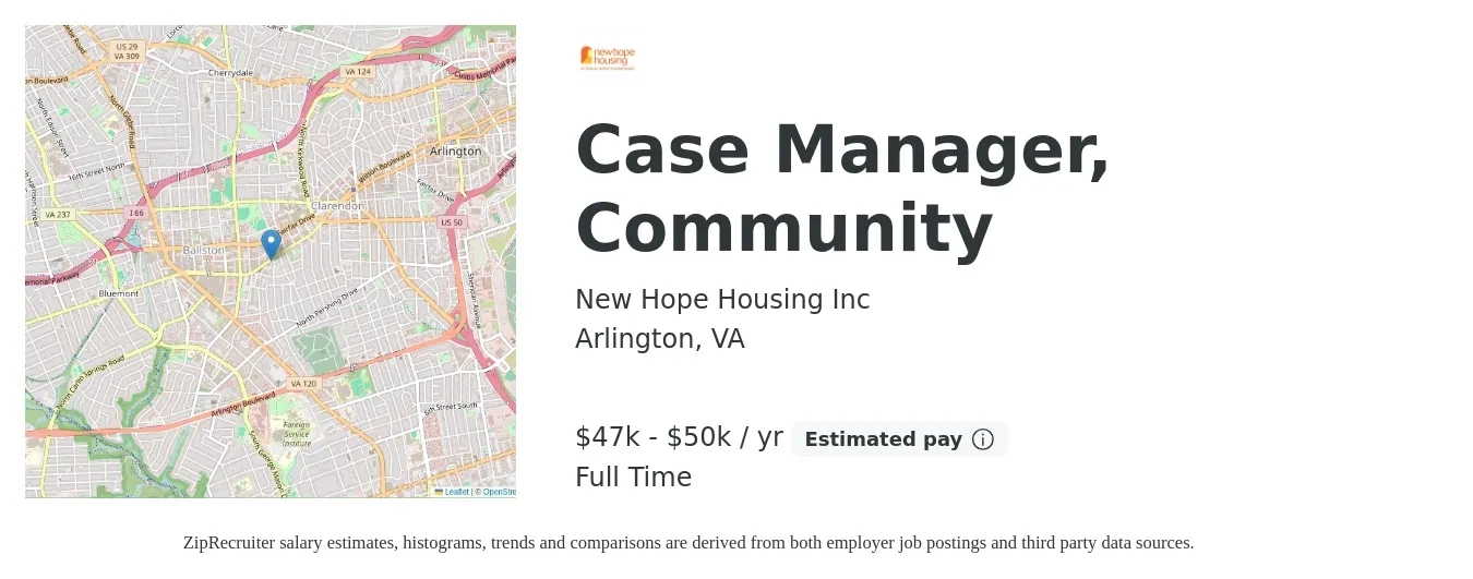 New Hope Housing Inc job posting for a Case Manager, Community in Arlington, VA with a salary of $47,000 to $50,000 Yearly with a map of Arlington location.
