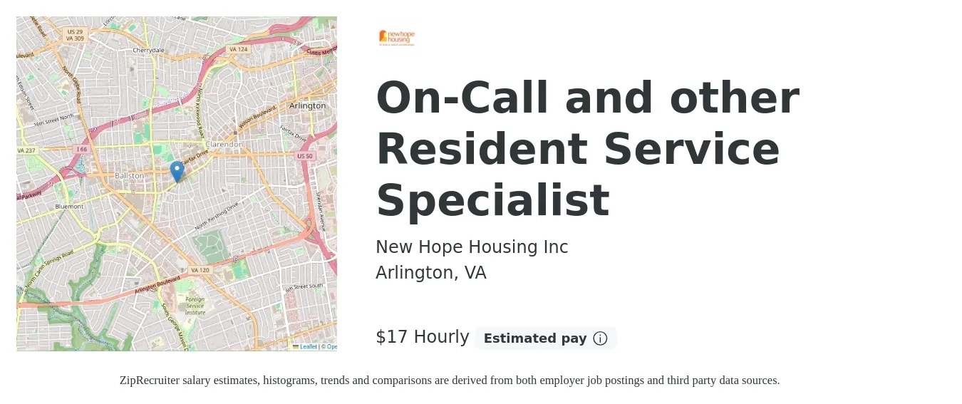 New Hope Housing Inc job posting for a On-Call and other Resident Service Specialist in Arlington, VA with a salary of $18 Hourly with a map of Arlington location.